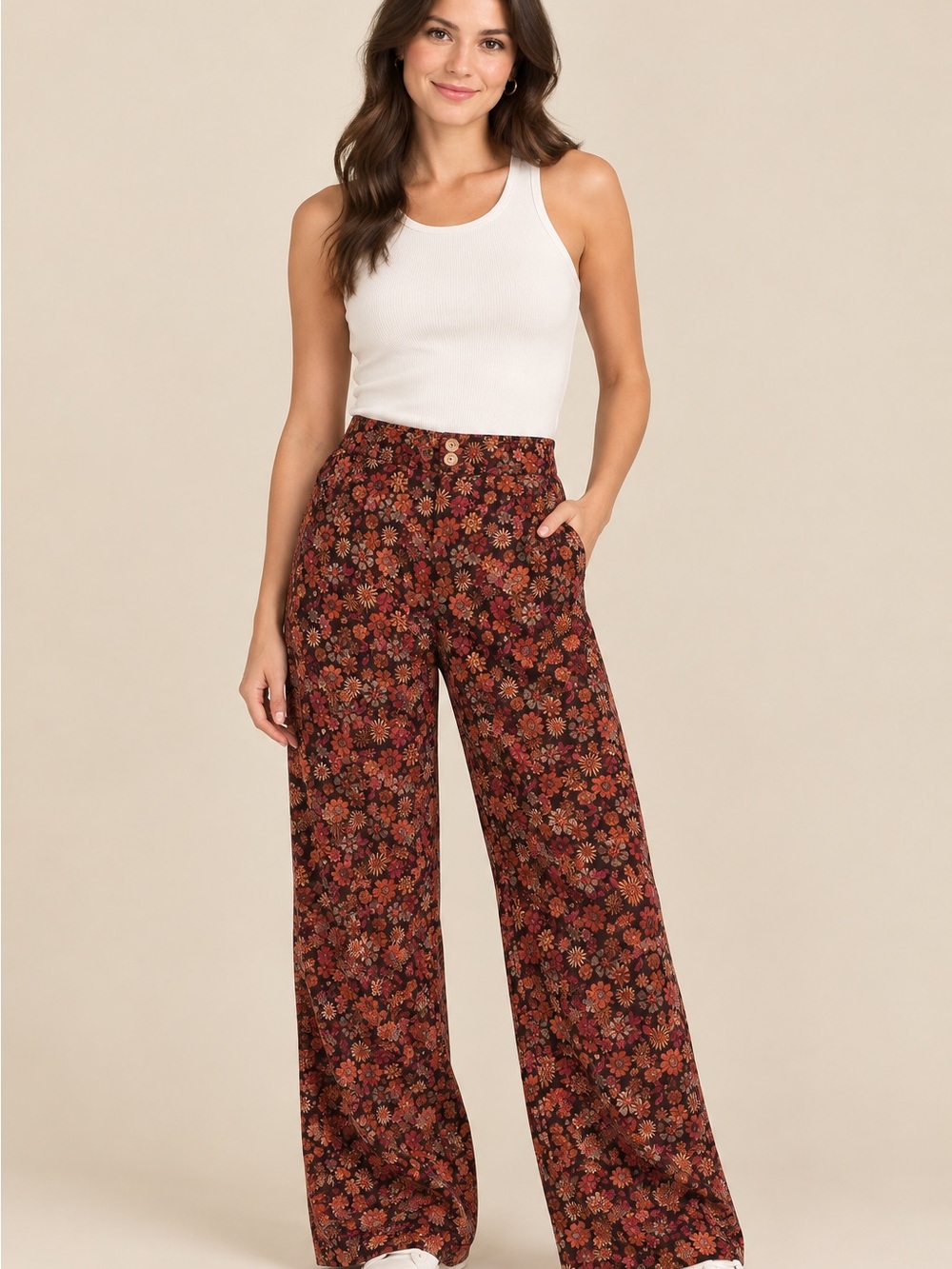 Wide Leg Floral Print Pants - Rust Multi Vintage Floral Wide-Leg Pants – Rust &